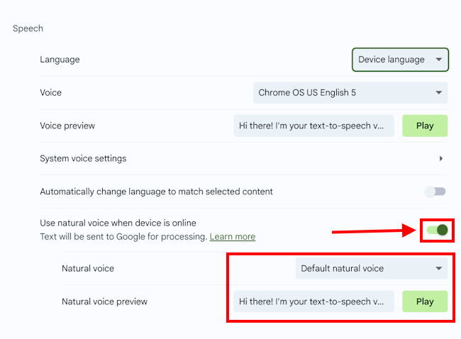 Click on Use natural voice when device is online